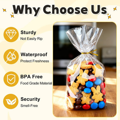 PigPotParty Cellophane Treat Bags 6x9 Inch, 100 Pack Clear Goodie Bags with Bottom Gusset for Stand-Up Display, Small Plastic Gift Wrap for Cookies, Candy, Party Favors, Popcorn, Includes 100 Ties