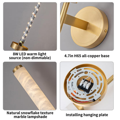 Modern Alabaster Wall Sconce, 18.9" Brass Wall Mounted Light Fixture with Cylindrical Natural Marble Shade, 3000K, LED Warm Light, Marble wall light for Bathroom Vanity, Bedroom, Living Room (Gold)