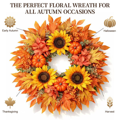 MAINGKAUNG Fall Wreath 22 Inch Fall Wreaths for Front Door with Orange Pumpkins Sunflower Berries Maple Leaf Autumn Wreath for Indoor Outdoor Thanksgiving Harvest Festival Celebrations