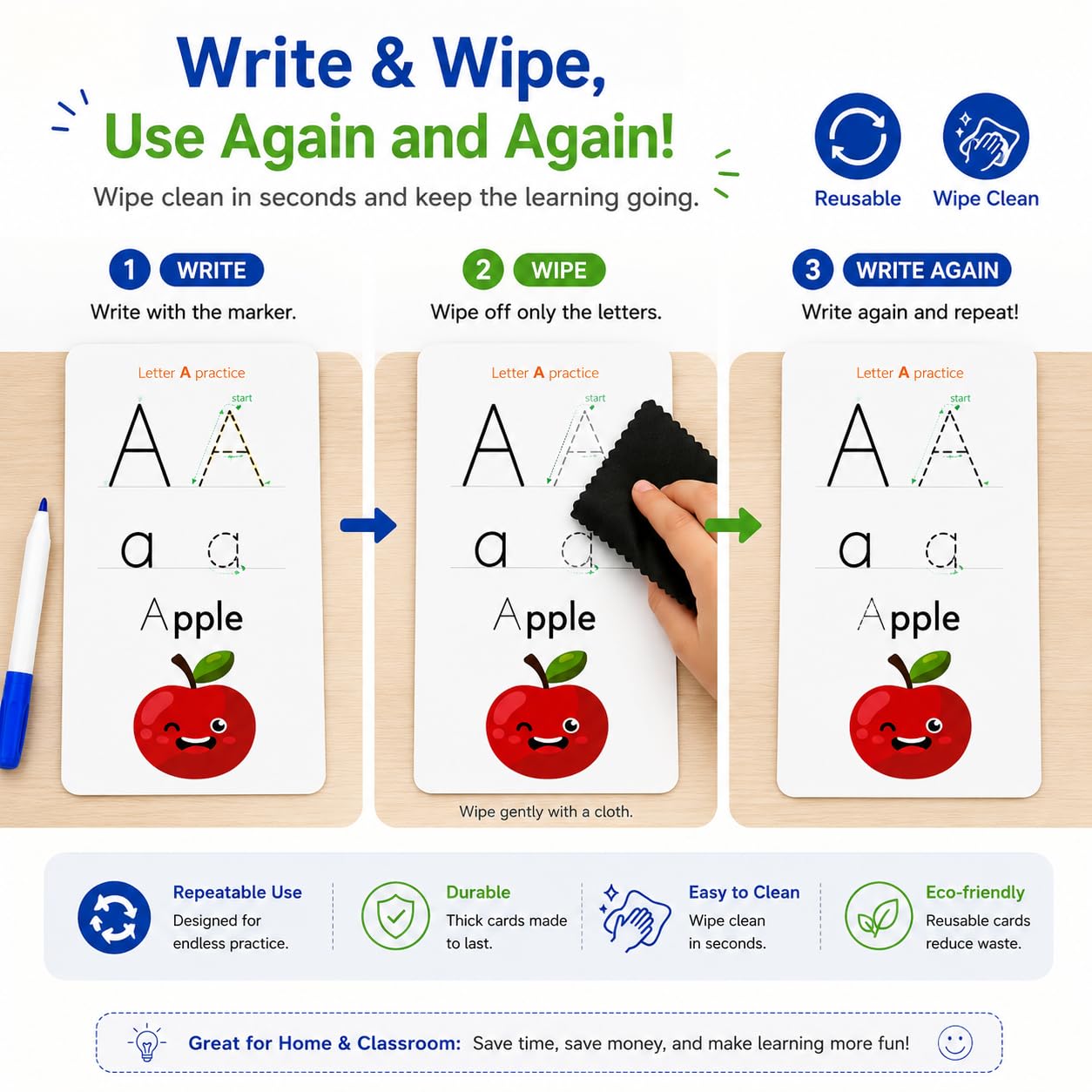 Write & Wipe Activity Cards for Kids, Reusable Tracing Flash Cards, Preschool Handwriting Practice Set, Letter Number Math Learning Activities Ages 3-6 (Letter Tracing)