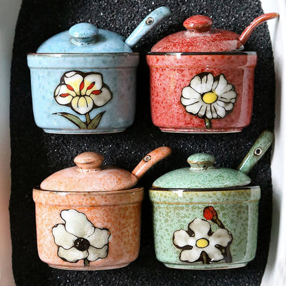Ceramic Retro Flower Sugar Bowl Seasoning Pot with Lid And Spoon