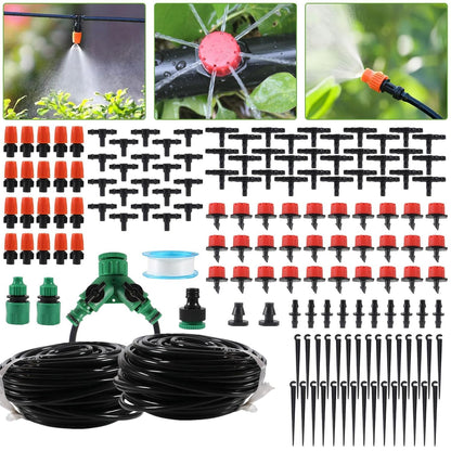 98FT Drip Irrigation System, Micro Garden Drip Irrigation System with 1/4 inch Tubing & Adjustable Misting Nozzle Sprinkler, Automatic Watering System for Greenhouse, Yard, Lawn, Plant