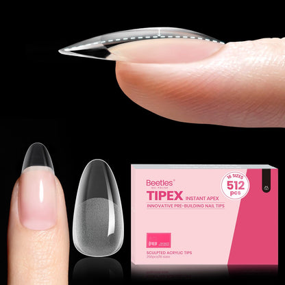 Beetles Tipex Gel Nail Kit, Medium Almond Nail Tips 224 Pcs 16 Sizes Pre-Building Pre-Etched Thick Acrylic Tips with Tipex Glue, Mini Lamp