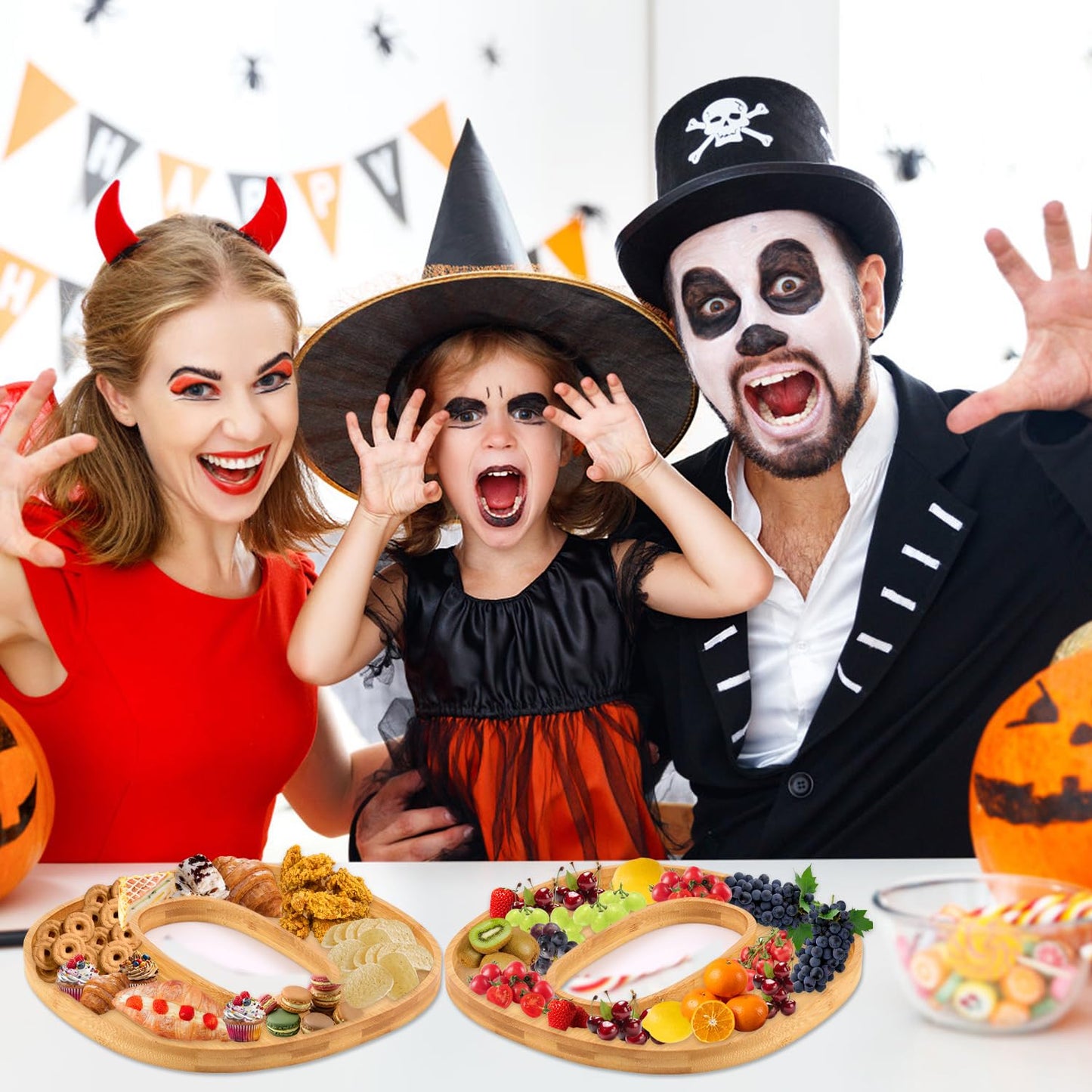 PEUTIER 3pcs Halloween Charcuterie Board, BOO Halloween Cheese Board Wooden Serving Platter Snack Trays Dinnerware Cookware for Home Kitchen Candy Cookie