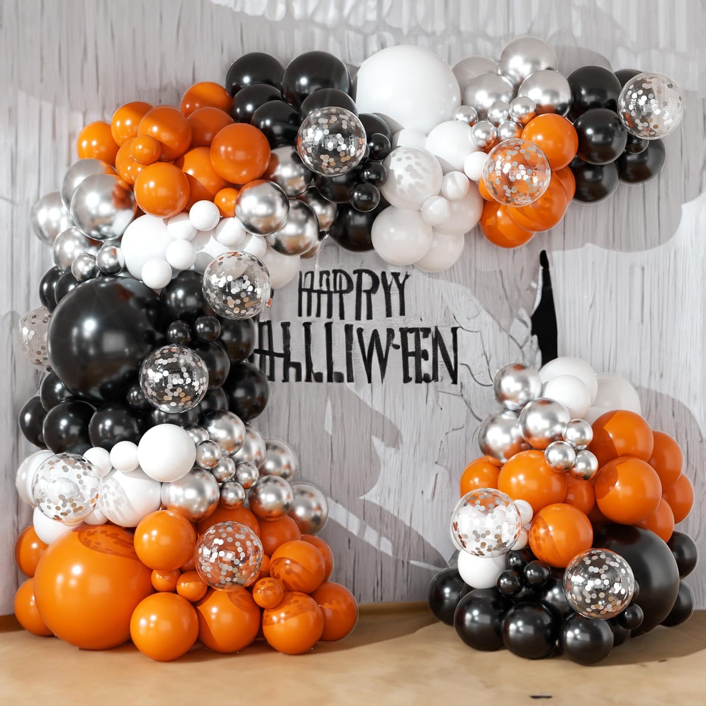 Orange and Black Balloons Arch Kit 164pcs Orange Black White and Chrome Silver Confetti Balloons for Baby Shower Graduation Halloween Fall Themed Birthday Party Decorations
