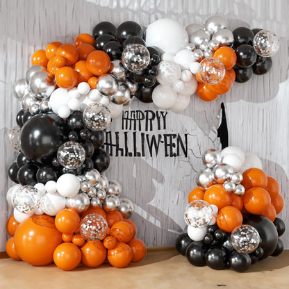 Orange and Black Balloons Arch Kit 164pcs Orange Black White and Chrome Silver Confetti Balloons for Baby Shower Graduation Halloween Fall Themed Birthday Party Decorations