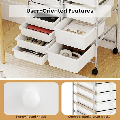 Giantex 15 Drawer Rolling Cart with Drawers, Storage Organizer Cart for Classroom Office School Teacher, Mobile Drawer Cart for Tools, Crafts, Small Printer, Ivory