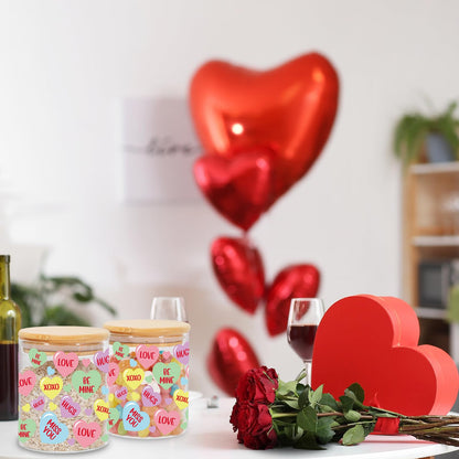JarThenaAMCS 3Pcs Valentine Glass Storage Jars With Airtight Lid Pastel Conversation Heart Decorative Canisters Sets For Home Kitchen Countertop