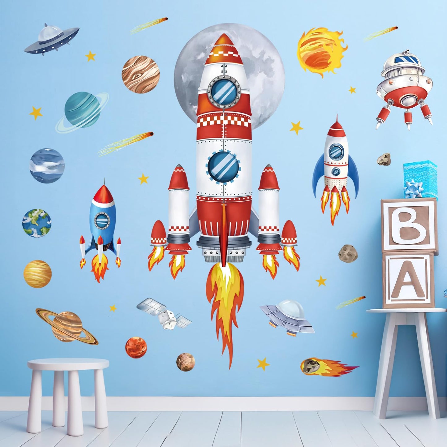 decalmile Outer Space Rockets Wall Decals Planets Stars Solar System Wall Stickers Baby Nursery Boys Bedroom Playroom Wall Decor