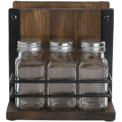 MyGift Napkin Holder with Salt and Pepper Shakers Set, Wood Tabletop Napkin Dispenser with Condiment Organizer and 3 Glass Shakers, Rustic Kitchen Décor