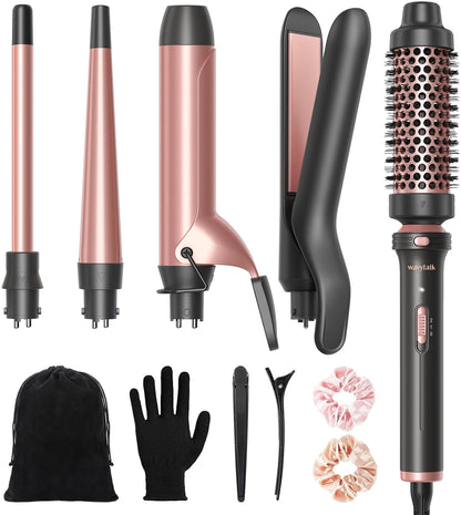 Wavytalk 5 in 1 Curling Iron,Curling Iron Set with Heated Round Brush and 4 Interchangeable Ceramic Curling Wand(0.5”-1.25"), Instant Heat Up,Dual Voltage Hair Curler