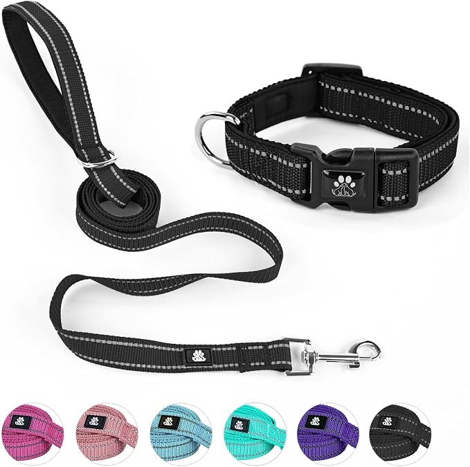 NESTROAD Dog Collar and Leash Set,Reflective Dog Collars with Quick Release Buckle,Adjustable Nylon Pet Collar for Small Medium Large Dogs(Large,Black)