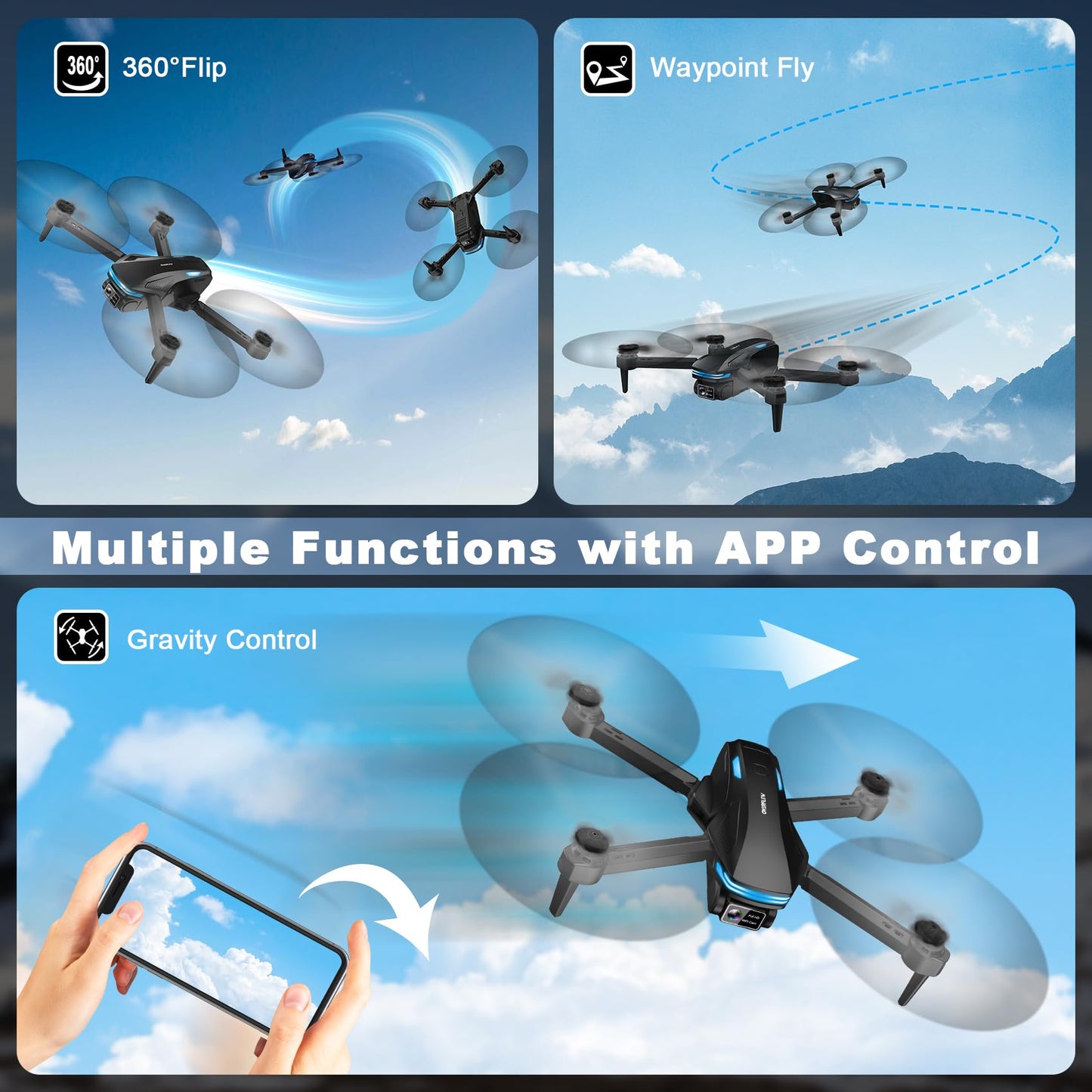 Drone with Camera for Adults, HD FPV Drones with Upgrade Altitude Hold, One-Key Take Off/Landing, Voice Control, Headless Mode, 2 Batteries, Toys Gifts for Teen Boys Girls, Beginner