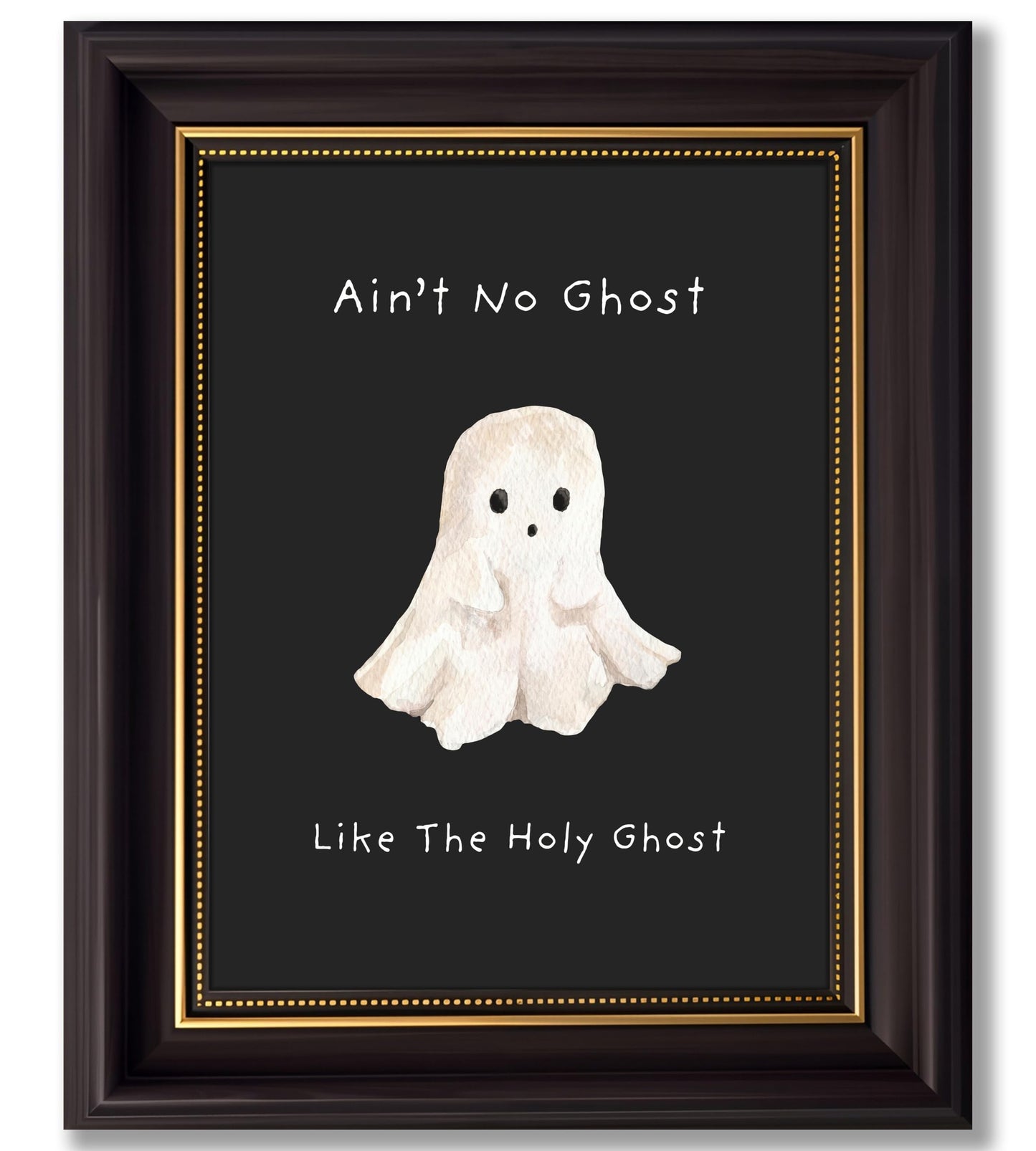 Vbaourut Framed Cute Halloween Wall Art, Funny Holy Ghost Canvas Painting, Cute Ghost Poster with Dark Brown Frame and Upgraded Hook and Loop for Living Room, 9x11 in