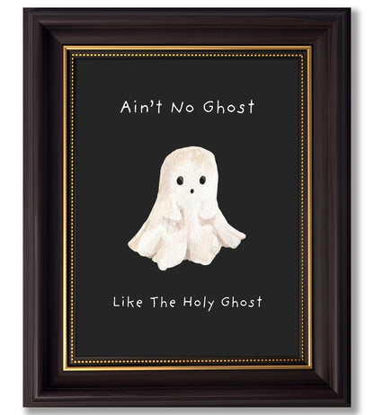 Vbaourut Framed Cute Halloween Wall Art, Funny Holy Ghost Canvas Painting, Cute Ghost Poster with Dark Brown Frame and Upgraded Hook and Loop for Living Room, 9x11 in