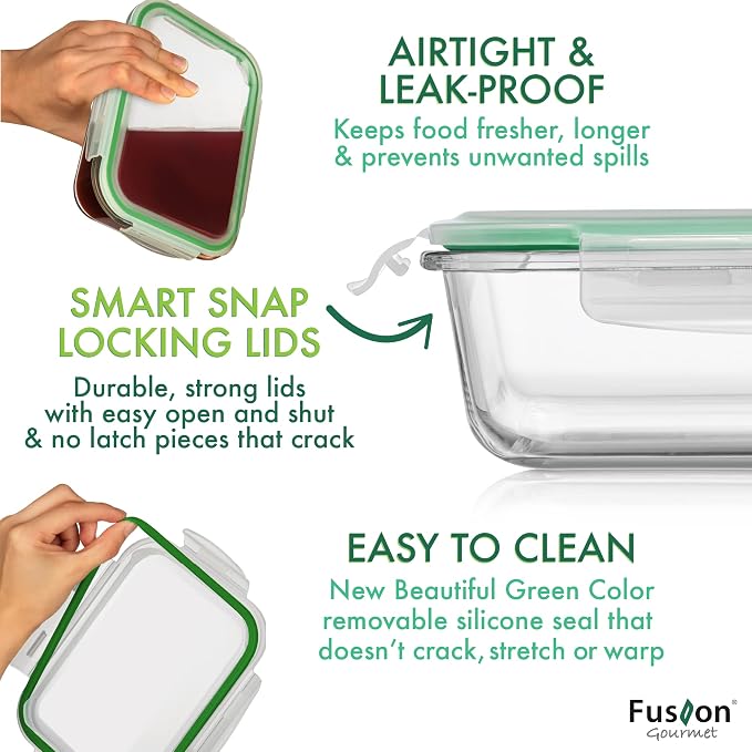 Fusion Gourmet 8 Pack 35 oz Glass Storage Containers with Lids - Airtight, Leakproof, Oven, Microwave & Freezer Safe, Stain & Odor Resistant, Reusable Meal Prep Containers (16-Piece)