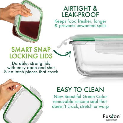 Fusion Gourmet 8 Pack 35 oz Glass Storage Containers with Lids - Airtight, Leakproof, Oven, Microwave & Freezer Safe, Stain & Odor Resistant, Reusable Meal Prep Containers (16-Piece)