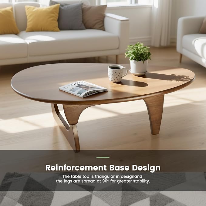 Modern Triangle Coffee Table: Unique Funky Soild Wood Coffee Tables for Living Room, Wooden Oval Mid-Century Modern Abstract Tea Tables for Patio Office Balcony (Walnut, 33" L x 22" W x 16" H)