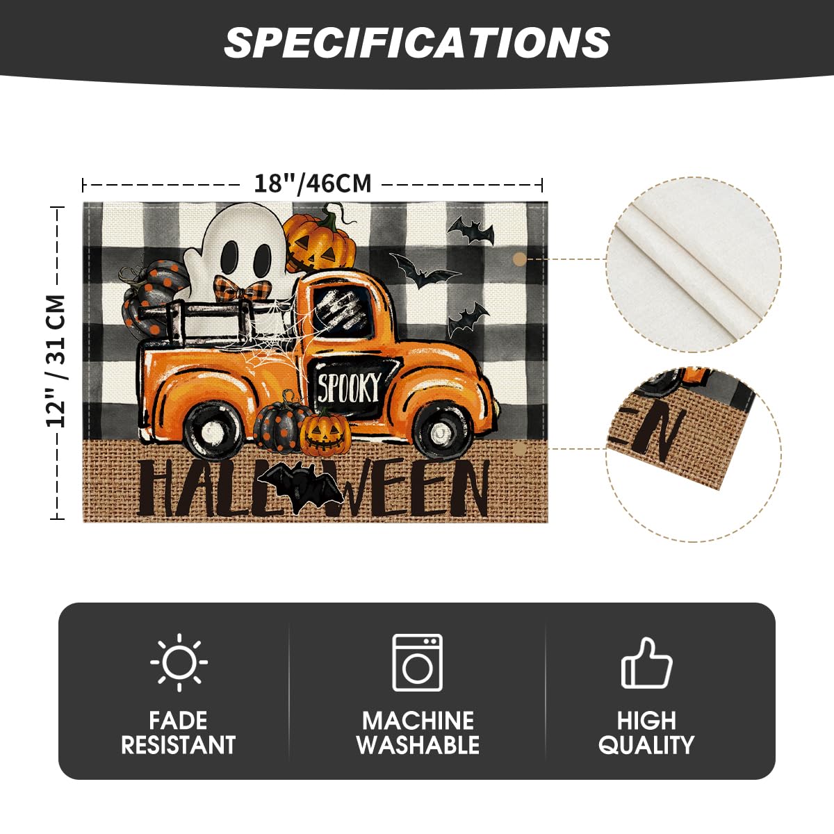 Artoid Mode Buffalo Plaid Bat Ghost Truck Spooky Halloween Placemats Set of 4, 12x18 Inch Seasonal Table Mats for Party Kitchen Dining Decoration