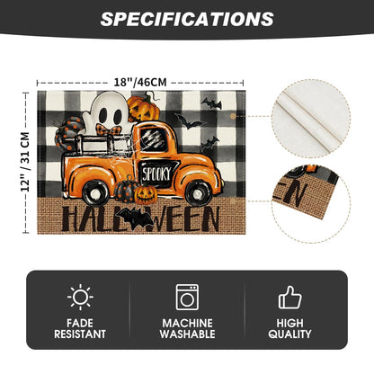 Artoid Mode Buffalo Plaid Bat Ghost Truck Spooky Halloween Placemats Set of 4, 12x18 Inch Seasonal Table Mats for Party Kitchen Dining Decoration