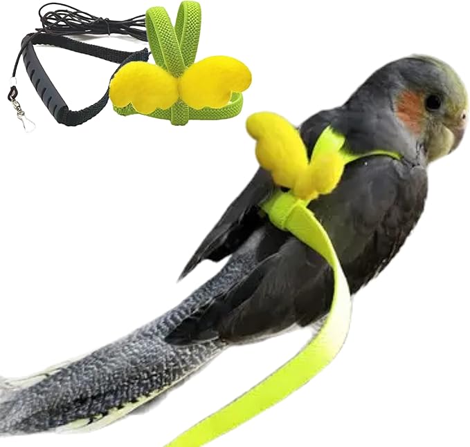 Pet Parrot Bird Harness Leash Adjustable Bird Flying Harness Traction Rope with Cute for Parrots Budgerigar Lovebird Cockatiel Mynah Outdoor Training Toy (Quaker/Sun Conure,Yellow)