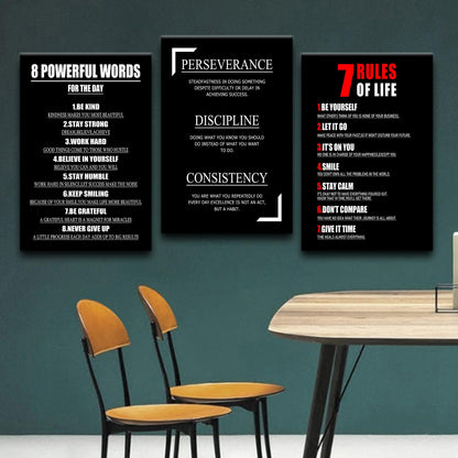 YSPCSUN Triptych Wall Decor Inspirational Posters for Office, Black White Perseverance Discipline Consistency 3 Panel Canvas Prints for Home Office Dorm, 48x24 Inch Display