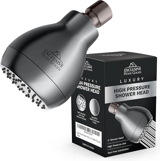 High Pressure Shower Head - Powerful Deluxe Bathroom Showerhead with Strong Spray Stream and Small Silicone Nozzles - Universal Fit Works with High and Low Water Flow Showers Matte Charcoal -1.8 GPM
