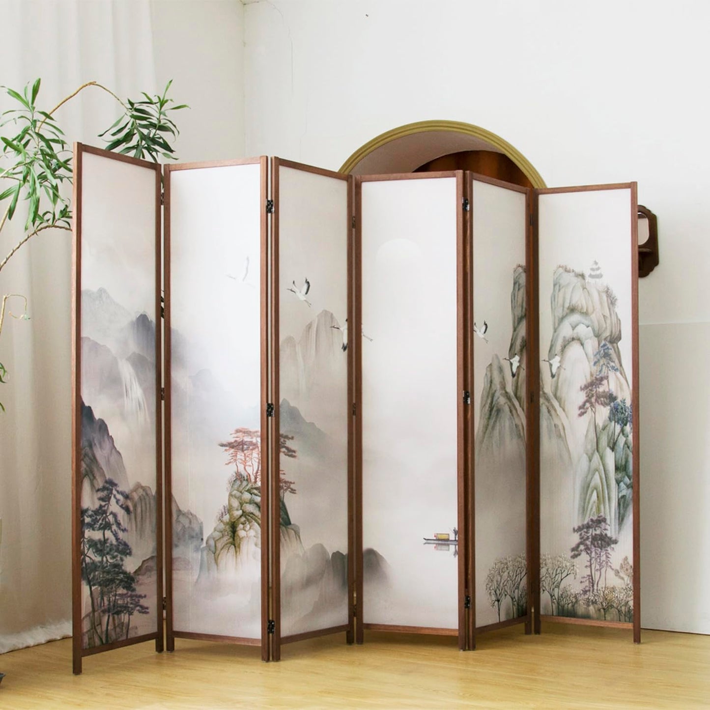 Pawlabay 6 Panel Room Divider, 5.6 ft Tall Blackout Folding Privacy Screen - Freestanding Partition Wall with Double-Sided Patterns, Ink-wash Mountain Landscape for Home Office (67" H x 94.5" W)