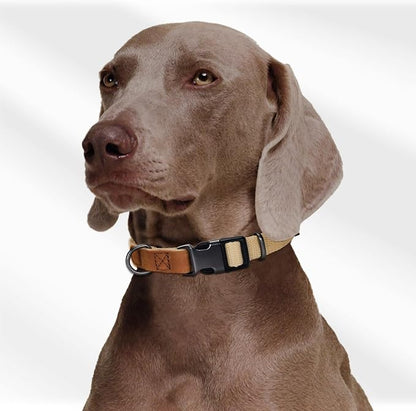 Mile High Life Genuine Leather Dog Collar, Soft Cotton Pet Collars with Heavy Metal Buckle for Small Large Dogs (Khaki, S Neck 11"-15")