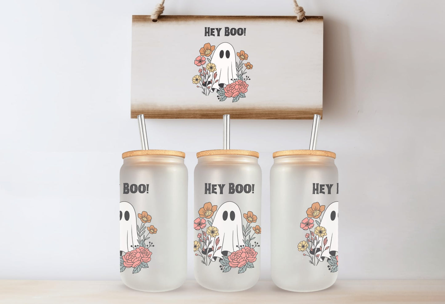 Floral Ghost “Hey Boo!” – 16 Oz Frosted Glass Can | Cute Halloween Iced Coffee Cup | Spooky Season Aesthetic Tumbler | Fall Gift for Her | Reusable Glass Cup with Straw