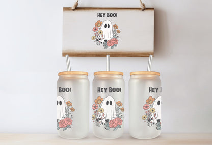 Floral Ghost “Hey Boo!” – 16 Oz Frosted Glass Can | Cute Halloween Iced Coffee Cup | Spooky Season Aesthetic Tumbler | Fall Gift for Her | Reusable Glass Cup with Straw