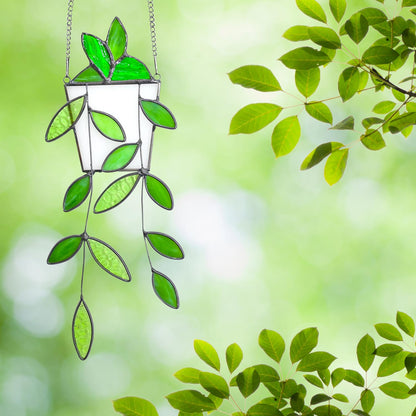 Fake Hanging Plants Greenery Stained Glass Plant Window Hanging Handmade Green Leaf Suncatcher Faux Plant Stained Glass Panel with Chain Sun Catcher Gift for Women Mom Grandma Plant Lovers Home Decor