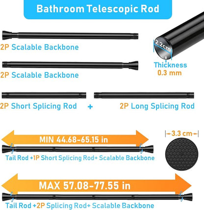 MEXAU 2 Pack Black Shower Curtain Rod 45 To 77 Inch Tension Shower Rod For Bathroom 7/8" Adjustable Spring Curtain Rod No Drilling Black Spring Rod Tension Curtain Rods for Windows Doorway Closet