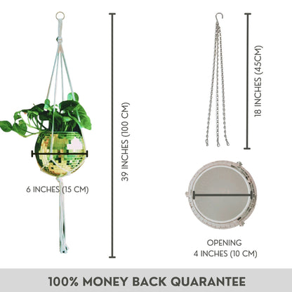 SCANDINORDICA Disco Ball Planter 6" Gold with Chain and Macrame Hanger and Disco Ball Planter Pot 4.3" with Saucer (0.3x0.3 mirror tiles)