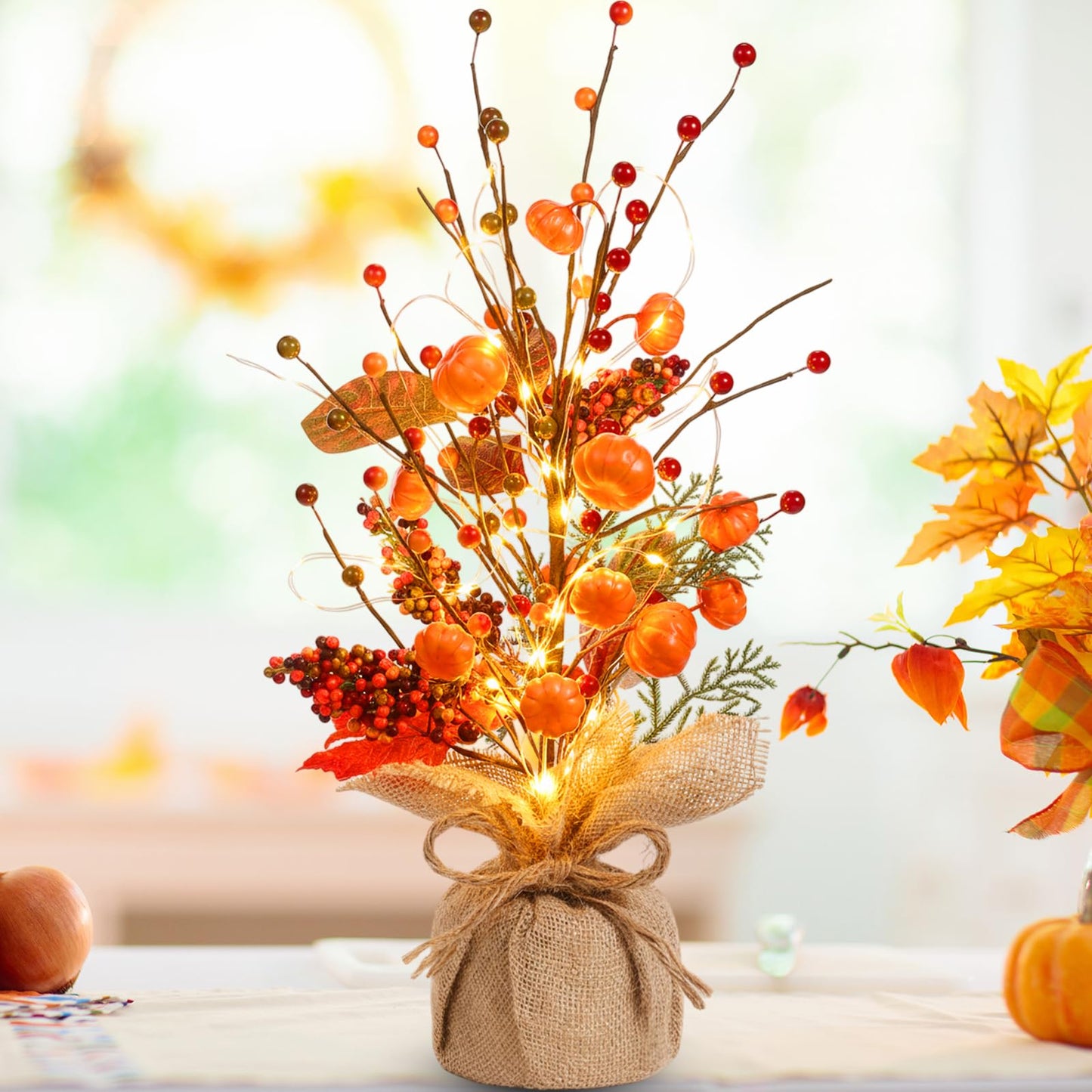 Pinkunn Fall Centerpieces for Tables Decorations 16 Inch Lighted LED Autumn Tree Top with Artificial Pumpkins Berries Leaf Burlap Base Thanksgiving Fall Decor for Home Harvest Office Desk Indoor