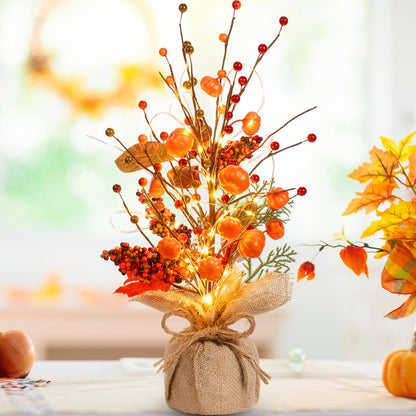 Pinkunn Fall Centerpieces for Tables Decorations 16 Inch Lighted LED Autumn Tree Top with Artificial Pumpkins Berries Leaf Burlap Base Thanksgiving Fall Decor for Home Harvest Office Desk Indoor