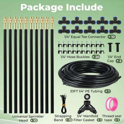 33FT Drip Irrigation System for Garden: 10 Nozzles 1/4" PE Tubing Automatic Watering Kit Adjustable Misting Sprinkler Mister Hose for Water Plants Tape Raised Beds Lawn Outdoor Yard Greenhouse