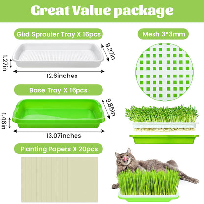 Legigo 16 Pack Green Seed Sprouter Trays- Soil-Free Cultivation Germination Tray, BPA Free Nursery Tray with Planting Paper for Indoors or Outdoors Sprouting Seeds, Grow Grass, Beans and More