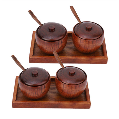 Cyrank Set of 4 Spice Jars, Wooden Condiment Jars Set with Lid and Spoon Wood Seasoning Box Sugar Salt Container Set Condiment Pots for Salt, Sugar and Pepper