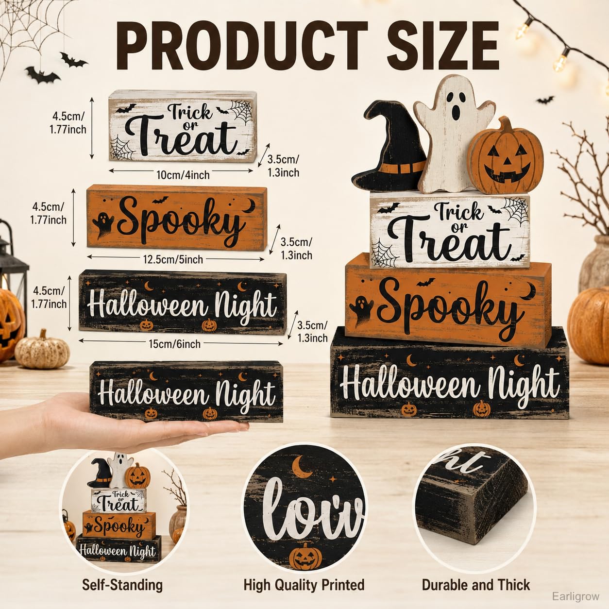 4 Pcs Halloween Decor, Trick or Treat Tiered Tray Decorations, Wooden Block Signs with Ghost Jack-O-Lantern Witch Hat, Farmhouse Rustic Table Centerpiece for Home Kitchen Mantel