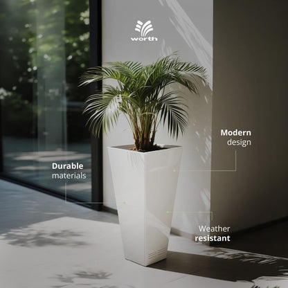 Worth 2 Pack 28" Tall Large Metal Planter, Tapered Steel Flower Pots with Insert Plate with Drain Holes & Air Vents for Indoor or Outdoor Use, White