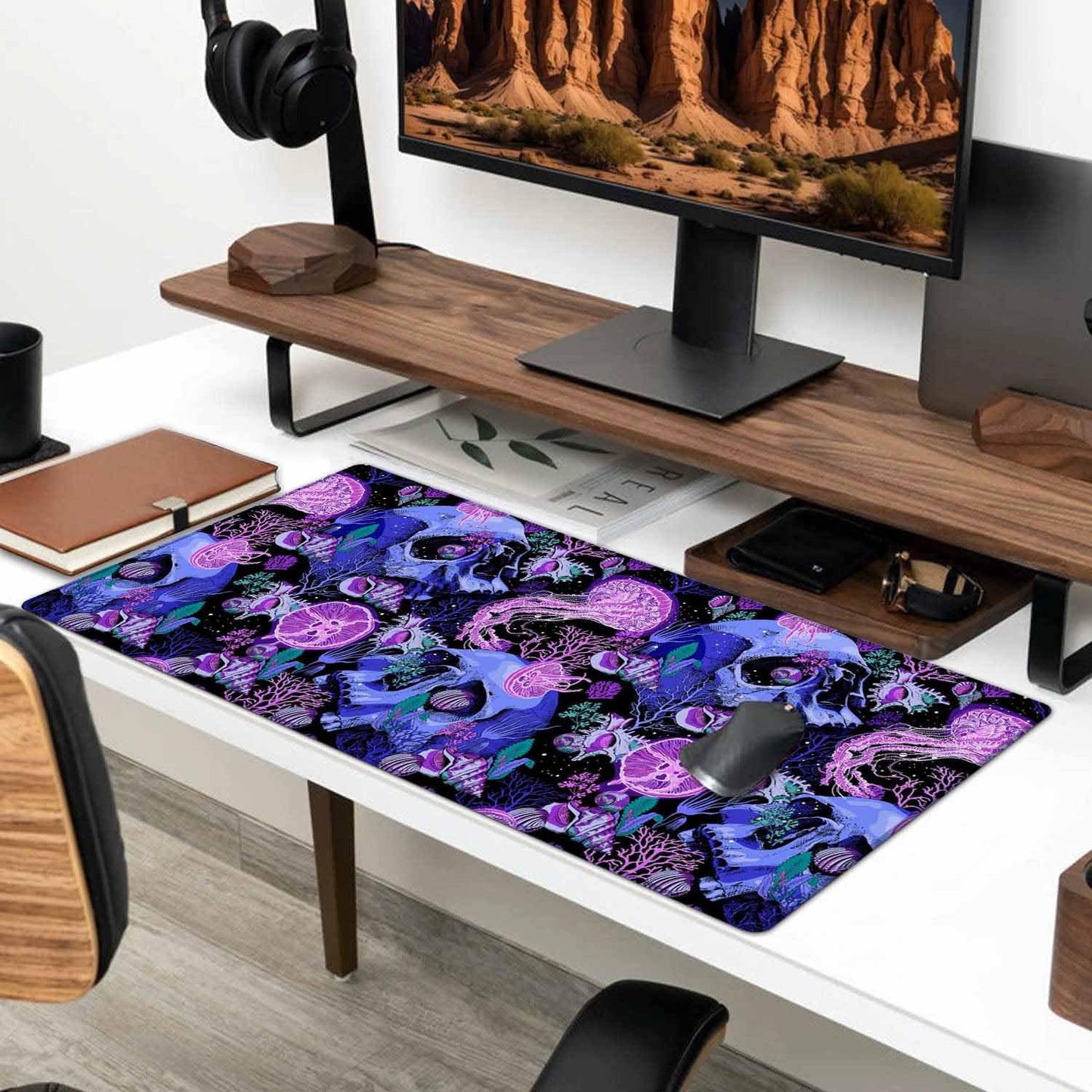 Mouse Pad Gaming, Large XXL Mouse Pads, Non-Slip Rubber Base Mousepad, Keyboard Mouse Mat Desk Pad with Stitched Edges, 35.4x15.7 inch Bright Psychedelic Skulls