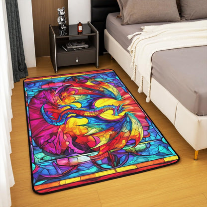 Flying Dragon Kids Area Rug,Western Wing Dragon Gothic Halloween Mats Rugs for Boys Girls,Geometric Abstract Modern Bath Carpets,Rainbow Retro Bath Rugs,Absorbent Floor Mats,5'x6'6''