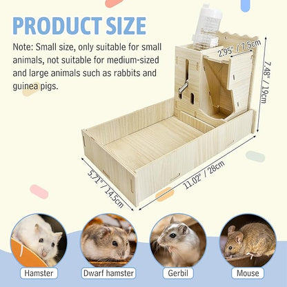 Hamiledyi 3 in 1 Wooden Hamster Feeder Dispenser Hanging Dwarf Hamster Food Bowl & Water Bottle with Removable Litter Box Small Animal Feeder for Hamsters Mouse Gerbil (11" x 5.7" x 7.5")