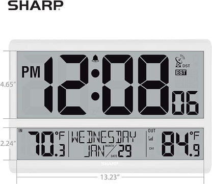 Sharp Atomic Clock - Never Needs Setting! –Easy to Read Numbers - Indoor/Outdoor Temperature, Wireless Outdoor Sensor - Battery Powered - Easy Set-Up (4" Numbers)