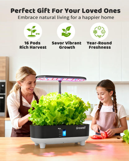 Growell Hydroponics Growing System Kit, 16 Pods, Vertical 8L Indoor Gardening System for Herb Vegetable Fruit, Hydro Garden with LED Grow Light, Smart Water Circulation, 3 Light Modes & 2 Timer, Black