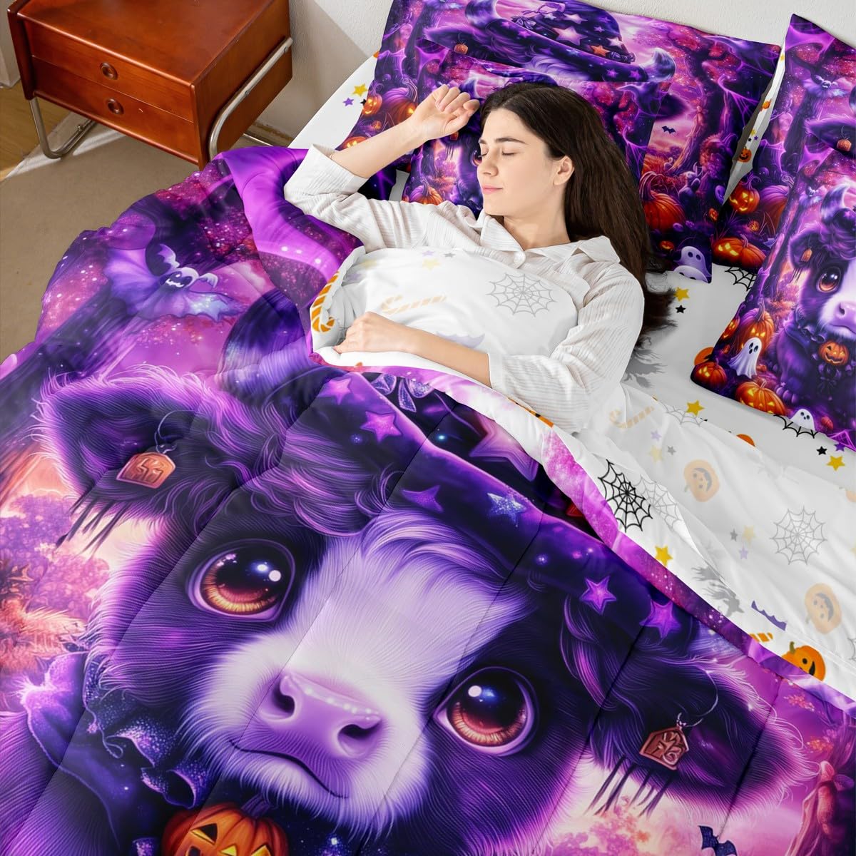Erosebridal Halloween Highland Cattle Twin Comforter Set 7 Piece for Kids Boys Girls Pumpkin Lantern White Ghost Bed in A Bag with Sheetscartoon Gothic Bedding Set Purple Goth Bed Set