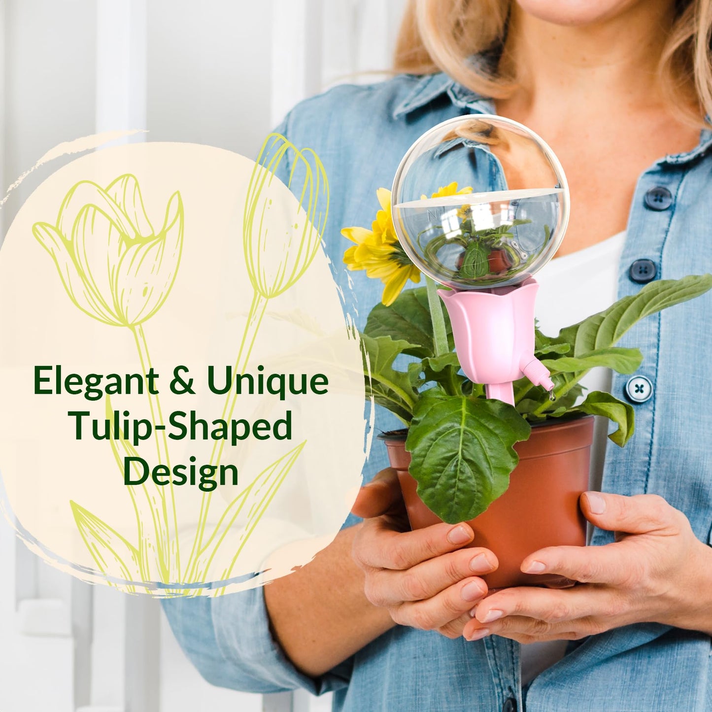 NiHome 2PCS Self-Watering Globes for Indoor & Outdoor Plants, Adjustable Flow Automatic Drip Irrigation Bulbs w/Tulip Stakes for Potted Plants, Succulents, Hanging Baskets, Gardens (Pink + Green)