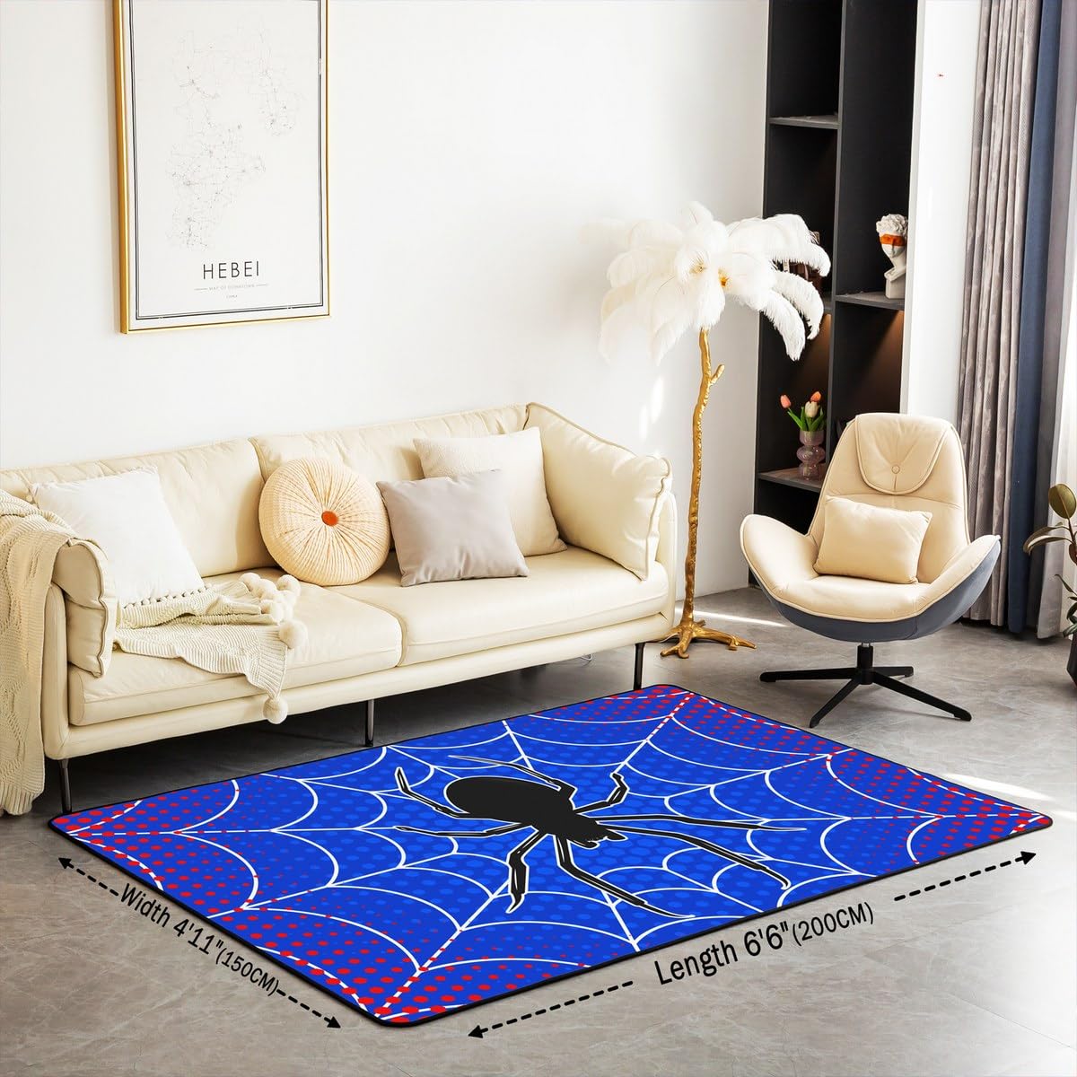 Spider Web Kids Area Rug,Black Spider Arachnid Insect Animals Indoor Floor Mat Entrance Rug for Boys Man Girls Women,Happy Halloween Non Slip Rug,Red Blue Fashion Couch Living Room Decor,3'x5'