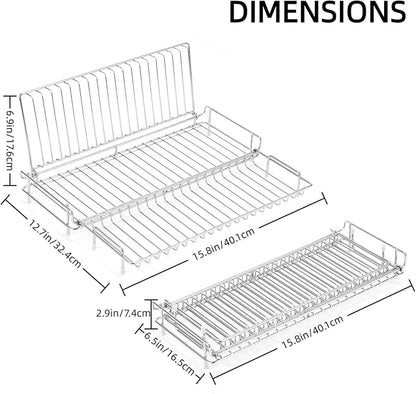 Collapsible Dish Drying Rack with Green Drying Mat, Small Expandable Dish Drying Rack, Compact Dishes Drying Rack for Kitchen Counter - Foldable, Stainless Steel, Silver
